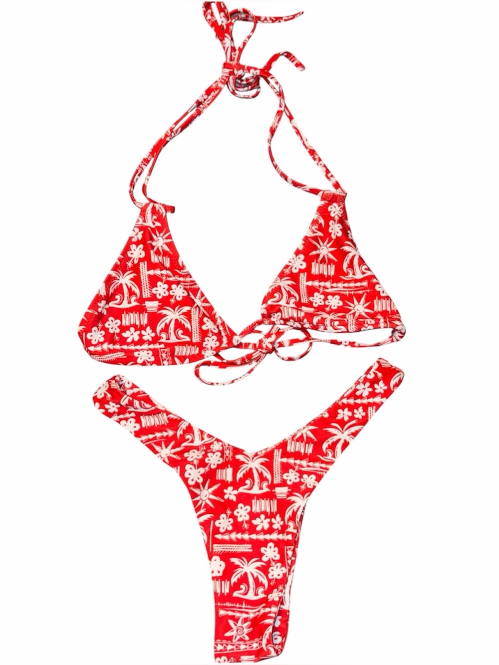 Kulani Kinis Medium Bikini Set, Halter Top & Y Bottoms, Hula Hibiscus, Red White